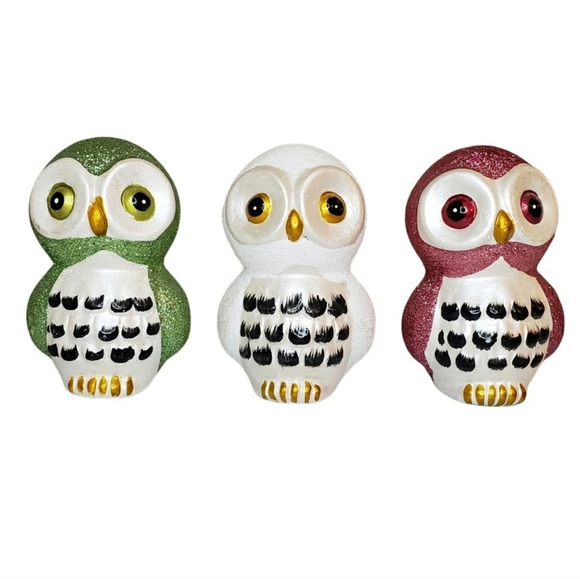 3 Glittery Owls Figurines Collectibles - Picture 1 of 12